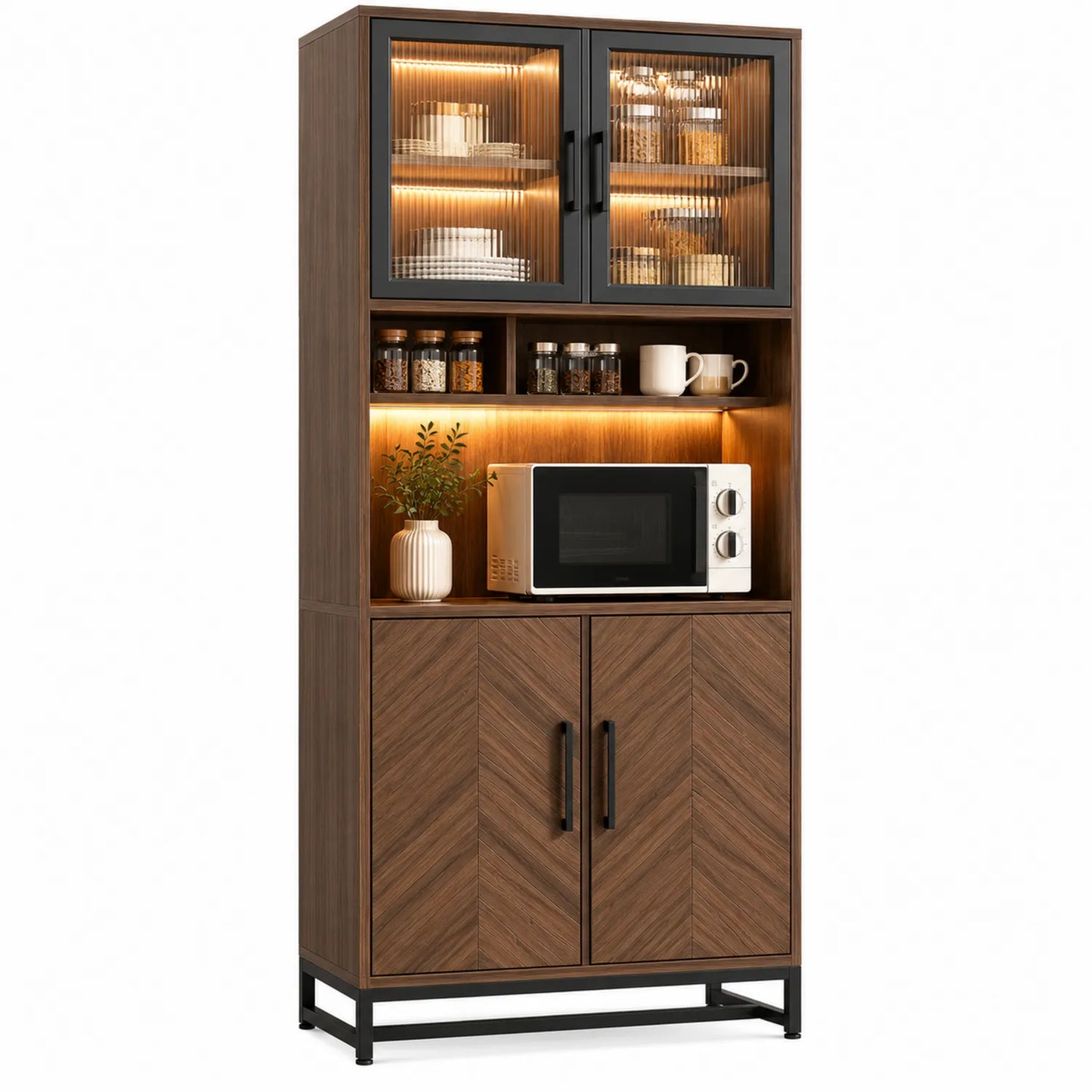 Aparador de Madera y Metal con Puertas de Vidrio Ondulado 180cm x 90cm x 40cm