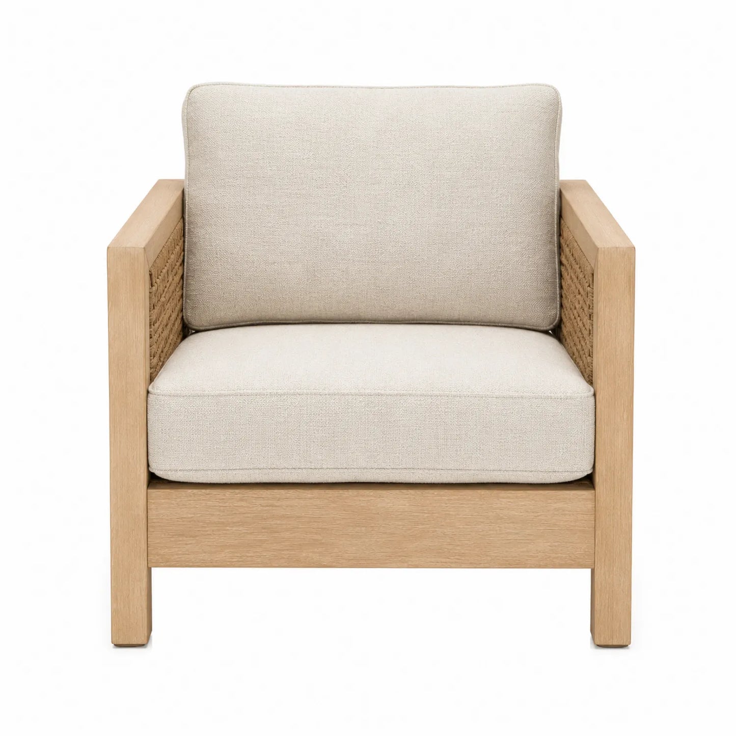 Sofá individual de madera y lino beige