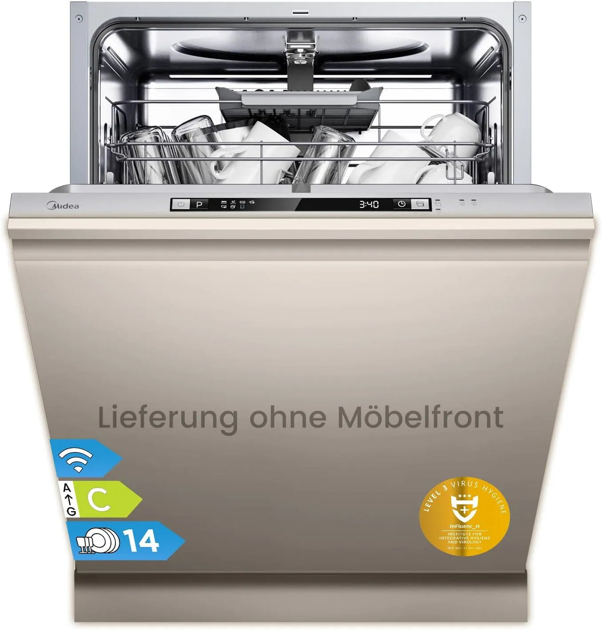 Midea vaatwasser, volledig geïntegreerd 60cm inbouw C-klasse, automatische programma's voor servies