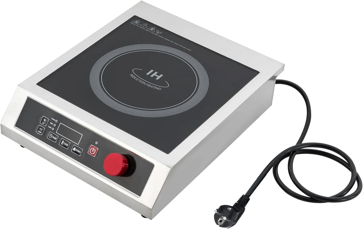 Inductiekookplaat, 3500 W, 75 kg, 25 cm, roestvrijstalen behuizing, timer, Commerciële 3500 W, met 10 vermogensniveaus en timer, roestvrij staal