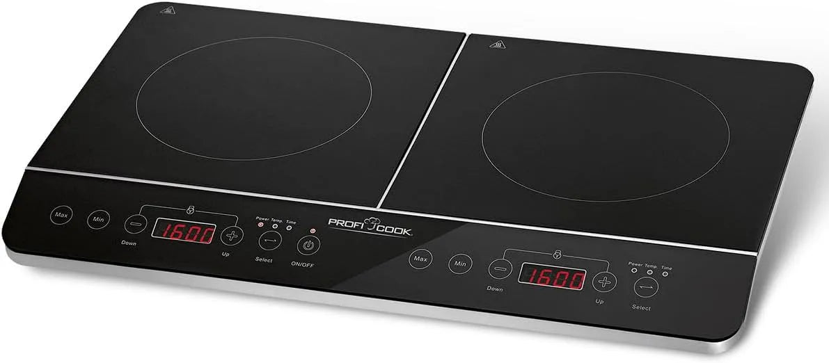 PC-DKI 1067 inductiekookplaat, 180 min, 3500 W, 16 standen, timer, automatische werking, ProfiCook met glaskeramisch oppervlak, 2 platen
