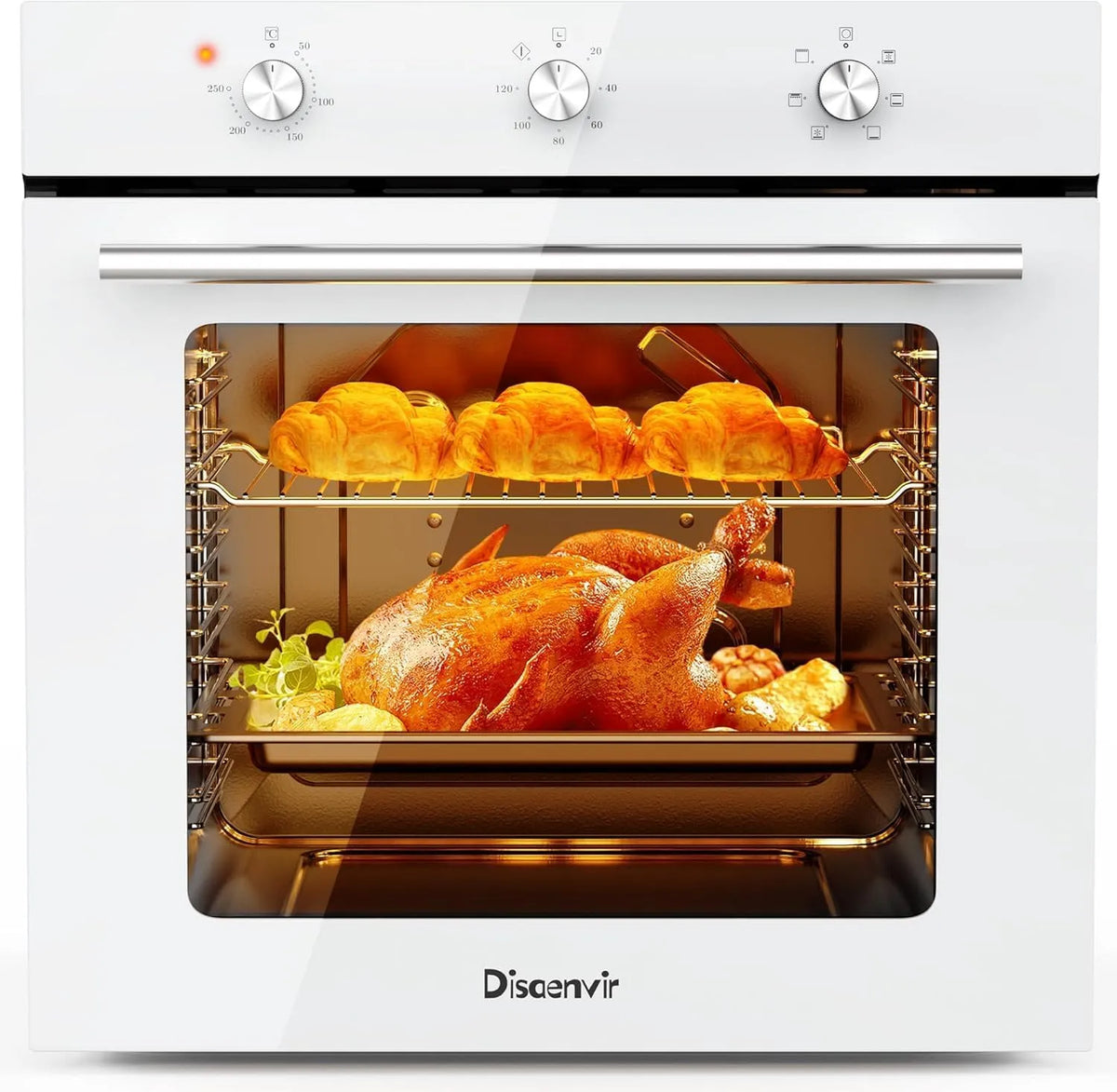 Elektrische oven, Oven 60L met stekker, inbouwoven 6 functies, bakfuncties met temperatuur- en tijdregeling