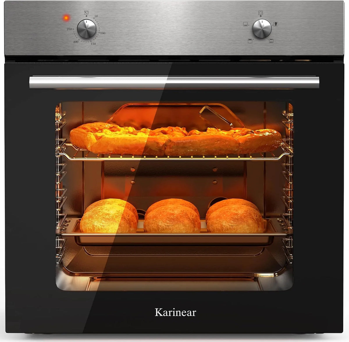Elektrische oven, 2200 W, 60 cm, 60 x 60 cm, Karinear Inbouwoven 60 cm met draaiknopbediening, oven ingebouwd apparaat 60 x 60 cm met 4 programma's