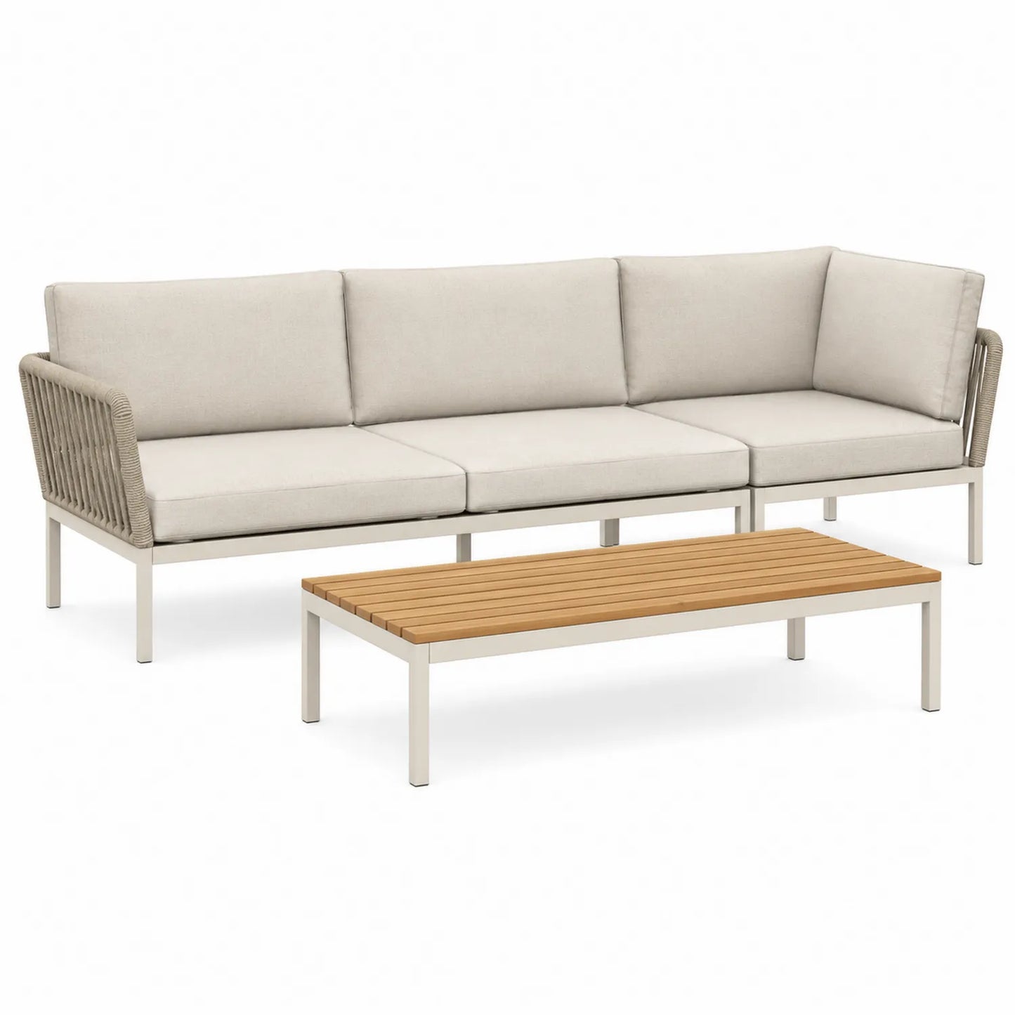 Conjunto de Sofá Esquinero de Aluminio con Cojines Beige y Mesa de Madera
