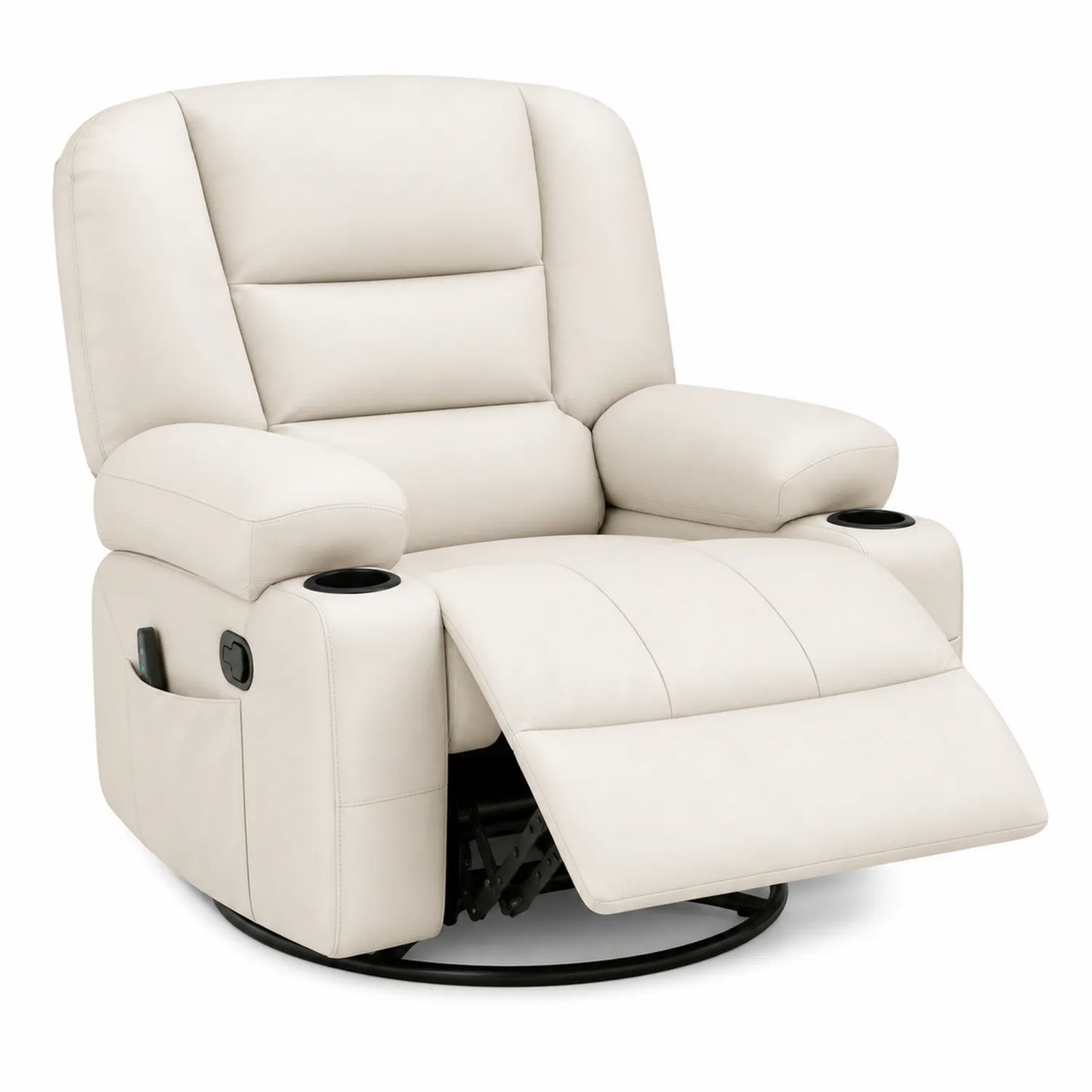 Sillón reclinable giratorio de cuero sintético beige con portavasos