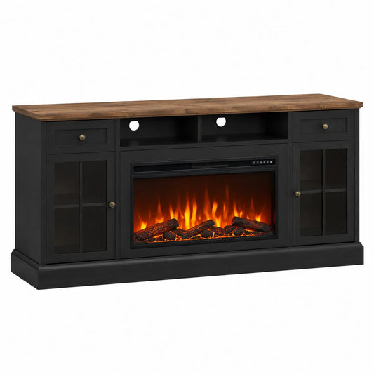 Mueble para TV con chimenea eléctrica de madera y vidrio negro y roble