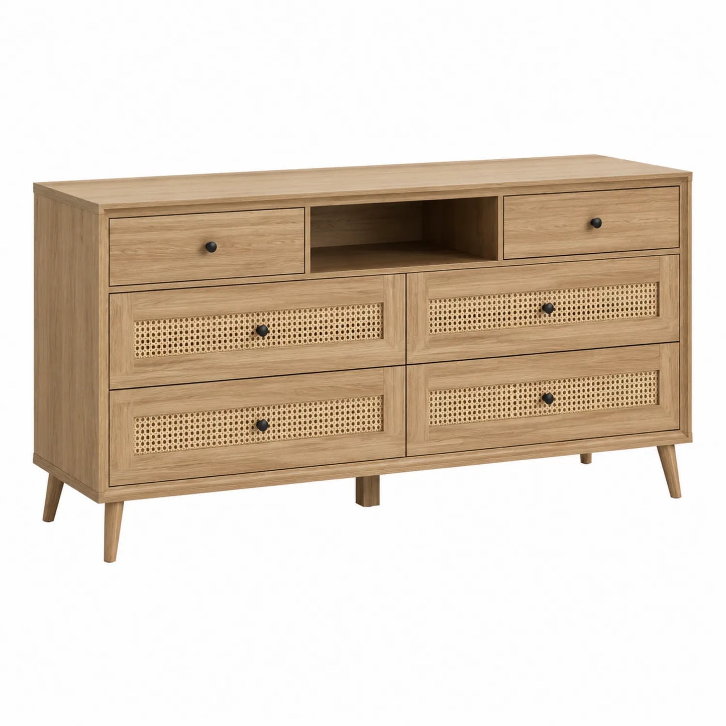 Cómoda de Madera con Seis Cajones y Detalle de Ratán