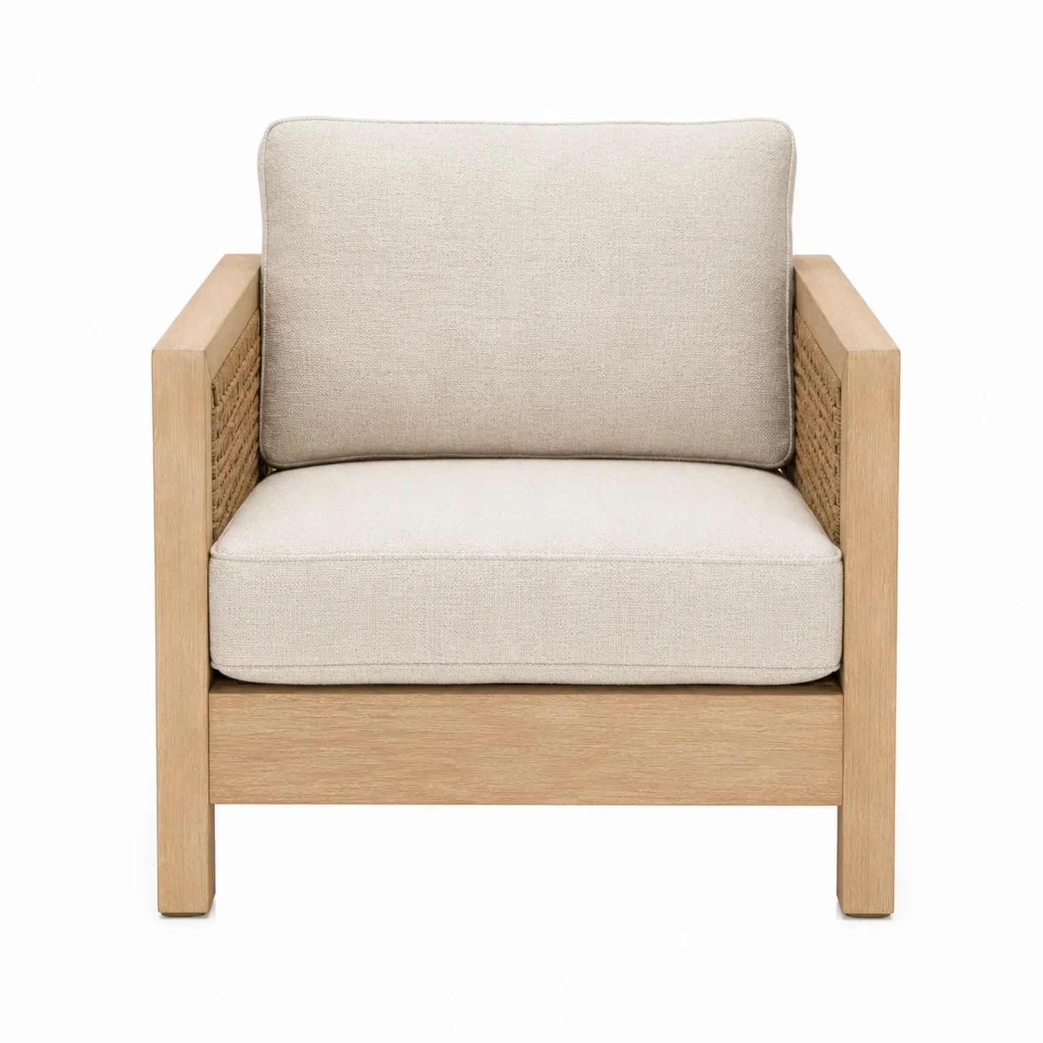 Sofá individual de madera y lino beige