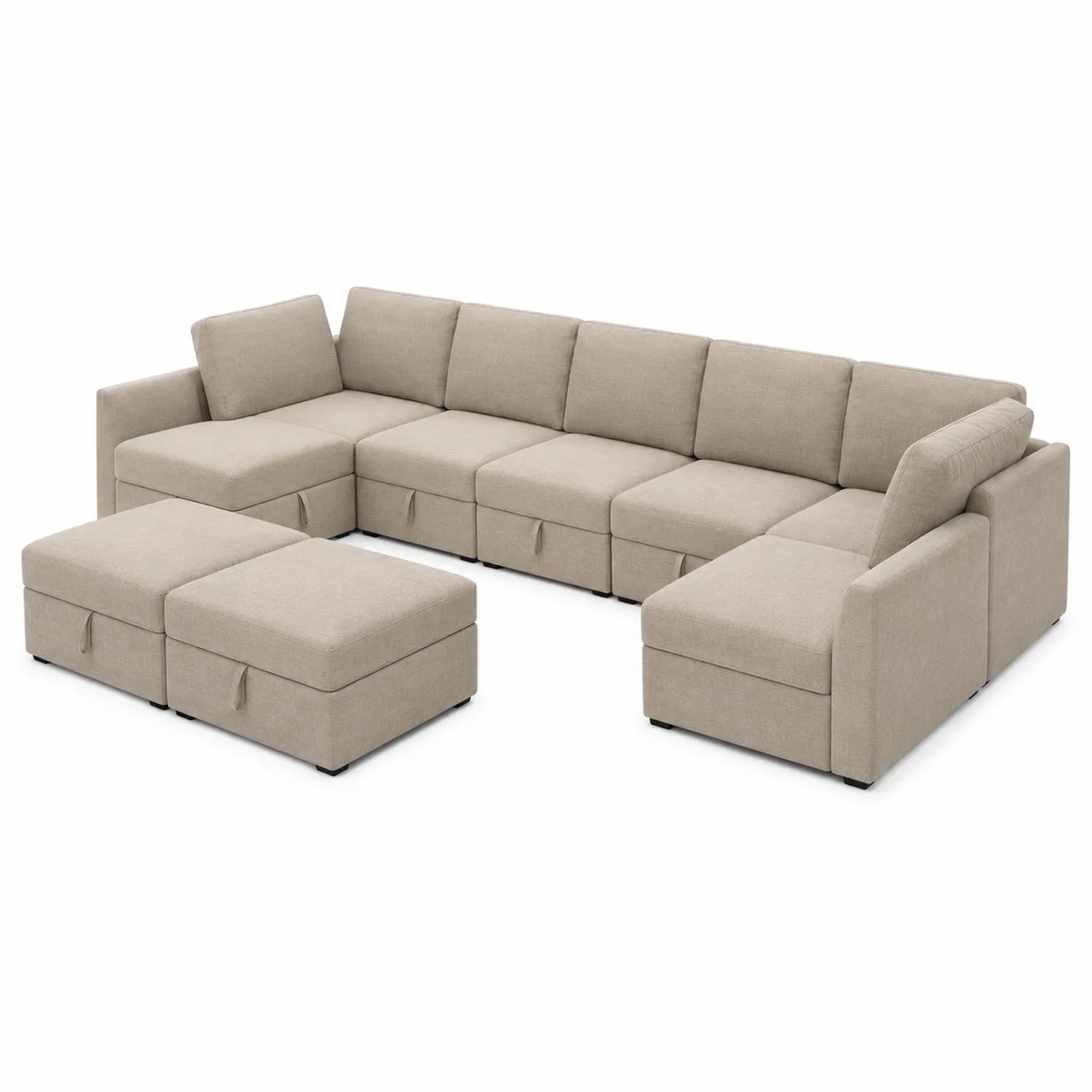 Sofá Modular en L de Tela Beige con Chaise Longue y Puf