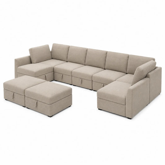 Sofá Modular en L de Tela Beige con Chaise Longue y Puf