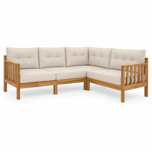 Sofá esquinero de exterior en madera de acacia con cojines crema