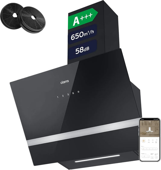 CBCB6736H CBCF003 afzuigkap, wifi-bediening, CIARRA Schuine 60cm, WiFi/App Touch Schoorsteenwandmodel LED