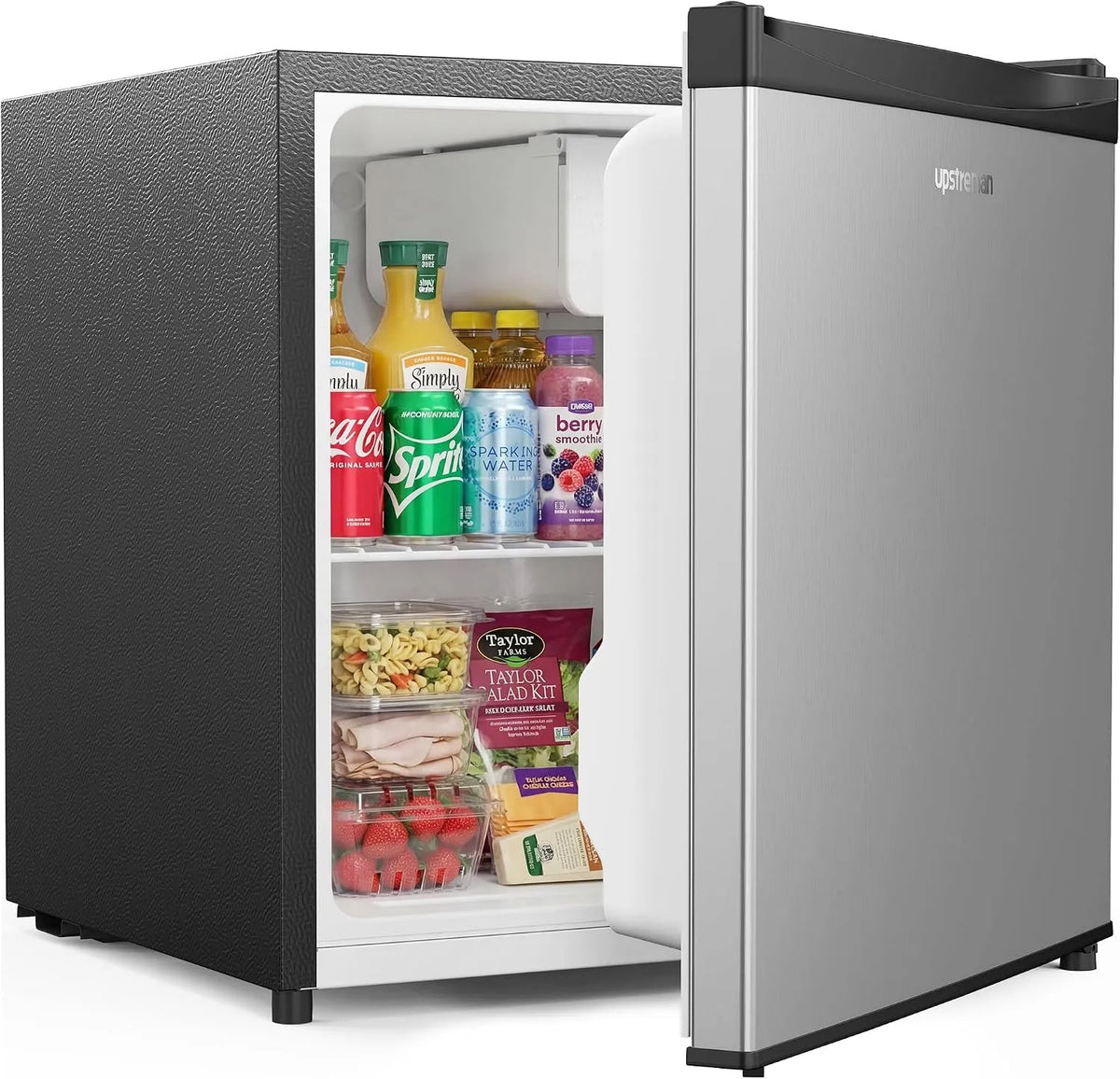 FR17 minikoelkast, roestvrijstalen behuizing, Upstreman Mini-Koelkast met Vriesvak, Instelbare Thermostat, Compacte Koelkast met één Deur