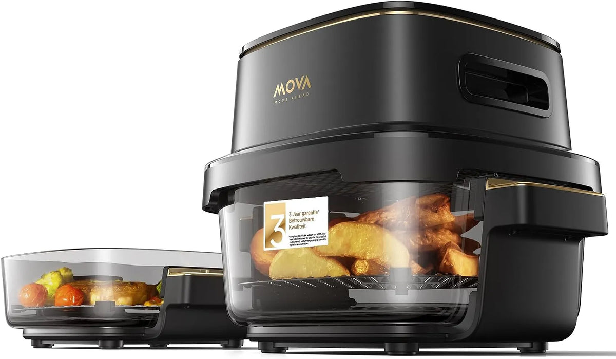 AF20 C-210 airfryer, MOVA Aeroglass Pro volledig glazen doorkijkinterieur, dubbele capaciteit 4l+2,5l, serveerklare glazen schaal, borstelloze motor