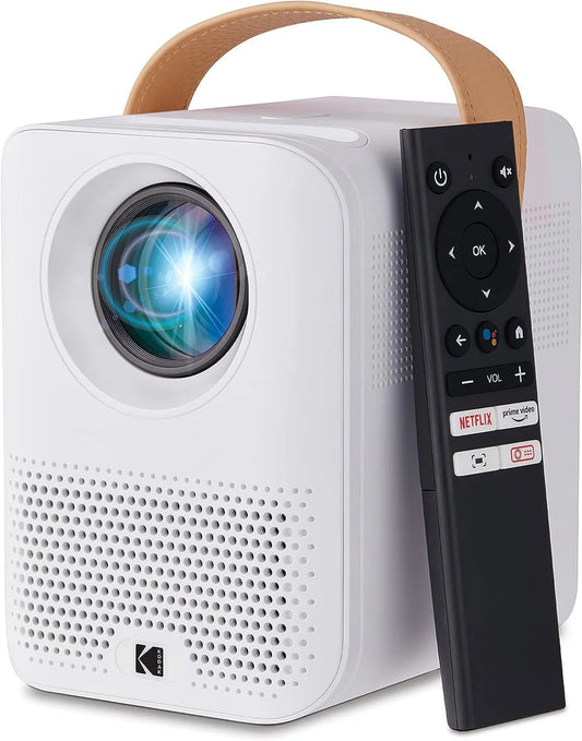 HD9 projector, wifi-bediening, Bluetooth-connectiviteit, KODAK FLIK Smart, Mini witte draagbare binnen- en buitenfilm met Android TV-streaming-apps