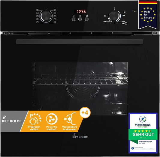BO8005FB elektrische oven, timer, automatische werking, KKT KOLBE Inbouwoven 60cm, Full Black Design, hete lucht