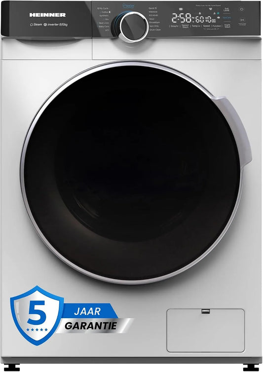 Was-droogcombinatie, 15 Programma's, digitaal display, invertermotor, stoomfunctie, Wasmachine met Droger 8/6 kg, 1400 Toeren Inverter Combi Wasdroger