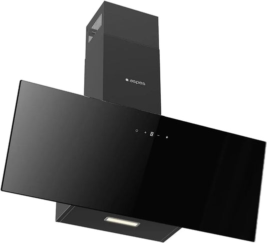ACPD601AIN afzuigkap, 370 m3/h, 59 dB, 90 cm, 3 snelheden, Aspes, zwart glas, touch-bediening, vaatwasmachinebestendig filter