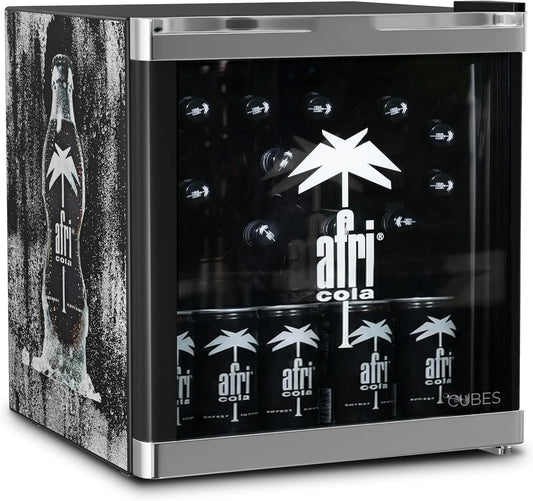 Koelkast, stille werking, °CUBES Afri Cola Mini Drank 48L, Compacte flessen met glazen deur en verwisselbaar deurscharnier, Stil en energiezuinig