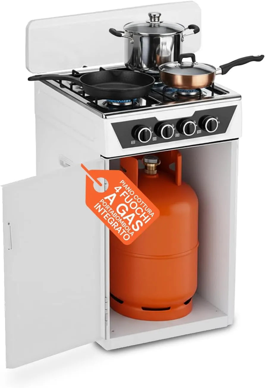 Kookplaat, Avilia met 4 gasbranders, met geïntegreerde flessenhouder, voor binnen en buiten, robuuste structuur, compact en eenvoudig te bedienen