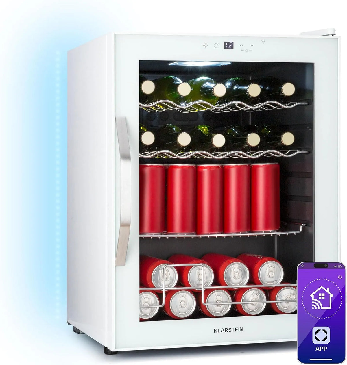 Klarstein koelkast, wifi-bediening, Drankkoeler Coachella 60 Dranken, 60 liter met wifi, glazen deur, 3 metalen schappen, energie-efficiëntieklasse