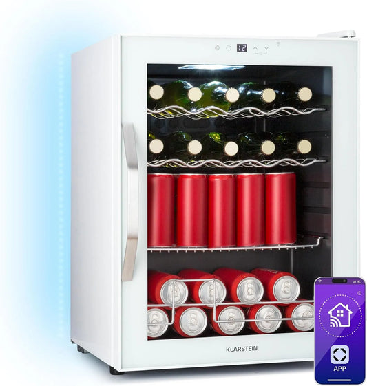 Klarstein koelkast, wifi-bediening, Drankkoeler Coachella 60 Dranken, 60 liter met wifi, glazen deur, 3 metalen schappen, energie-efficiëntieklasse