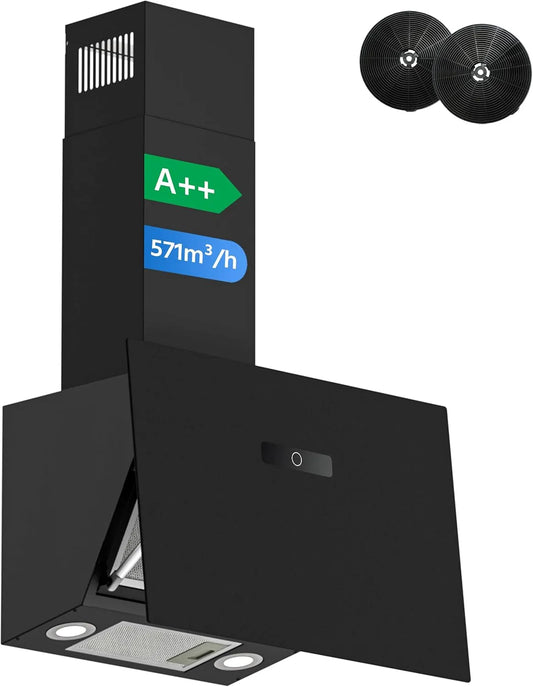 Afzuigkap, 60 cm, 9 Standen, FIREGAS 60 cm, Zwart Glas, Borstelloze Motor, Voor Afvoer of Recirculatie, Met Actieve Koolstoffilter