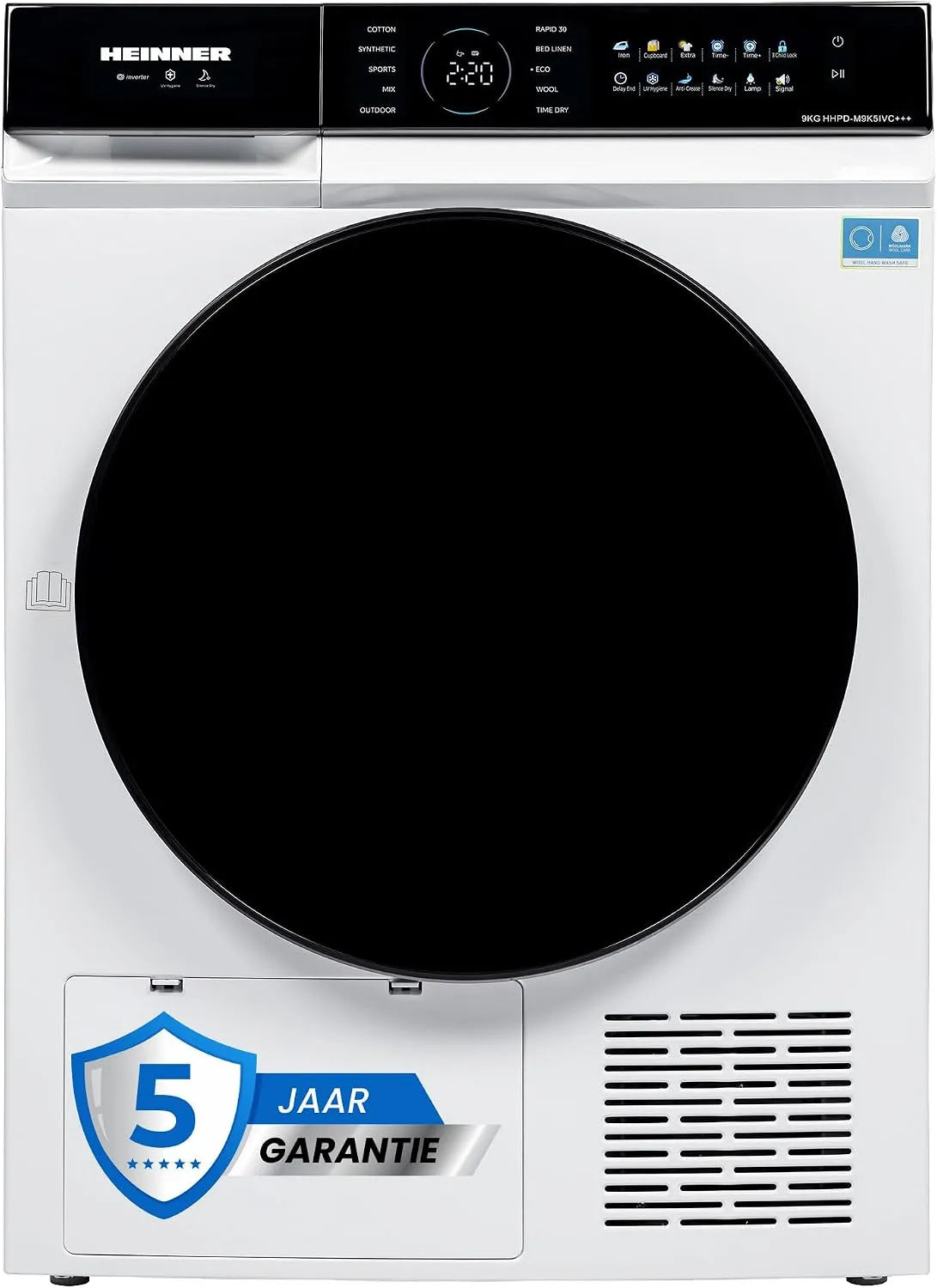 HHPD-M9K5IVC warmtepomp, digitaal display, invertermotor, stille werking, +++ droger 9 kg met energiezuinige Inverter motor, touch-display