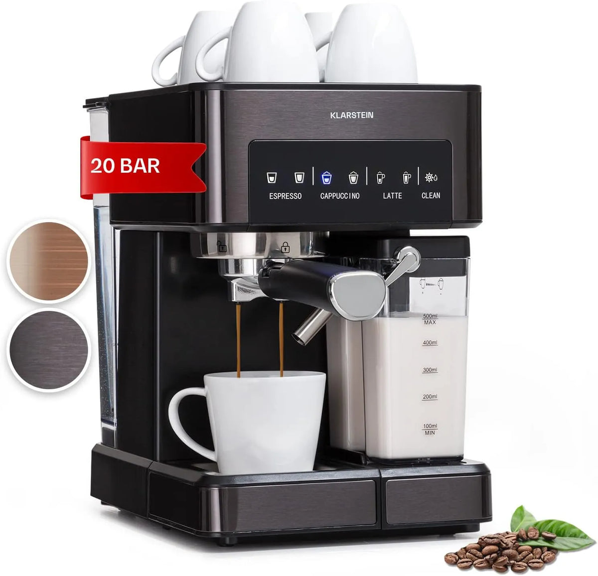 Klarstein koffiemachine, 20 bar, roestvrijstalen behuizing, Arabica Comfort portafiltermachine 1350 watt 20 bar 1,8 liter touchbediening