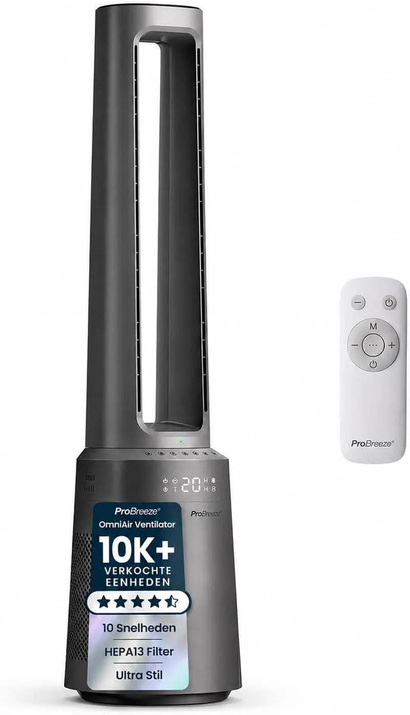 Ventilator, 10 Snelheden, wifi-bediening, digitaal display, HEPA-filter, stille werking, Pro Breeze 41' Slimme Bladloze Toren met Luchtzuiveraar