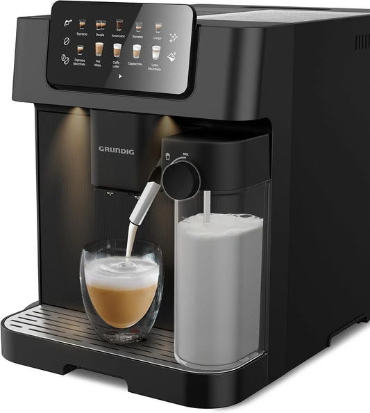Grundig KVA 7230 espressomachine, 1350 W, 19 bar, automatische werking, Volautomatische, krachtig 1350 W, dubbel mondstuk, zwart/donkerzilver
