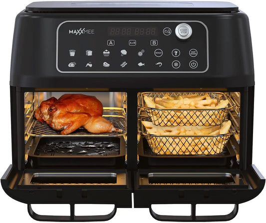 Airfryer, heteluchtfunctie, MAXXMEE Heteluchtfriteuse, dubbele kamer, slimme combinatie van heteluchtoven, digitaal bedieningspaneel en kijkvenster
