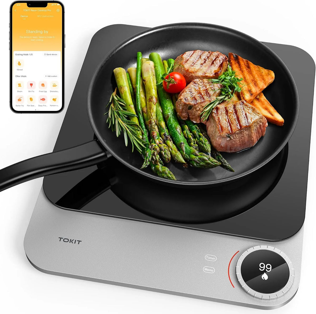 Inductiekookplaat, 2100 W, 20 mm, digitaal display, timer, draagbaar ontwerp, app-bediening, TOKIT, enkele, met oled-display, ultradunne app-controle