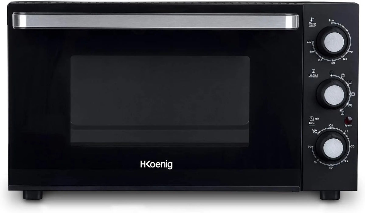FO30 elektrische oven, 1500W, 60 min, timer, H.Koenig Mini Oven, Dubbele Glazen Deur, Anti-aanbak Bakplaat