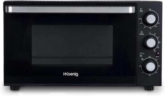 FO30 elektrische oven, 1500W, 60 min, timer, H.Koenig Mini Oven, Dubbele Glazen Deur, Anti-aanbak Bakplaat