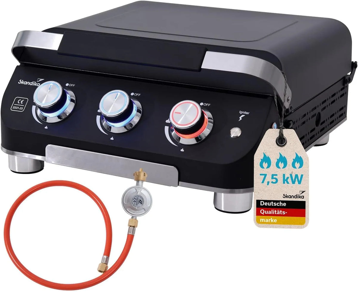 Kookplaat, 3 branders, Skandika Plancha Grill Palo Plus met 3 branders, gasplancha grillplaat met deksel, draagbare gasgrill met