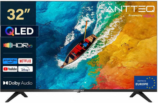 AV32H5Q DVB-C Smart TV, 32 Inch, Bluetooth-connectiviteit, Antteq 32 Inch QLED Bluetooth met HD Triple Tuner, Prime Video