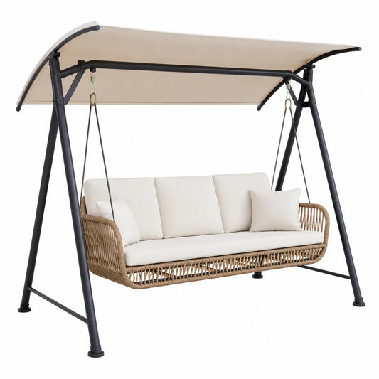 Columpio de Jardín con Dosel de Acero y Ratán Sintético, Cojines Beige, 200 cm