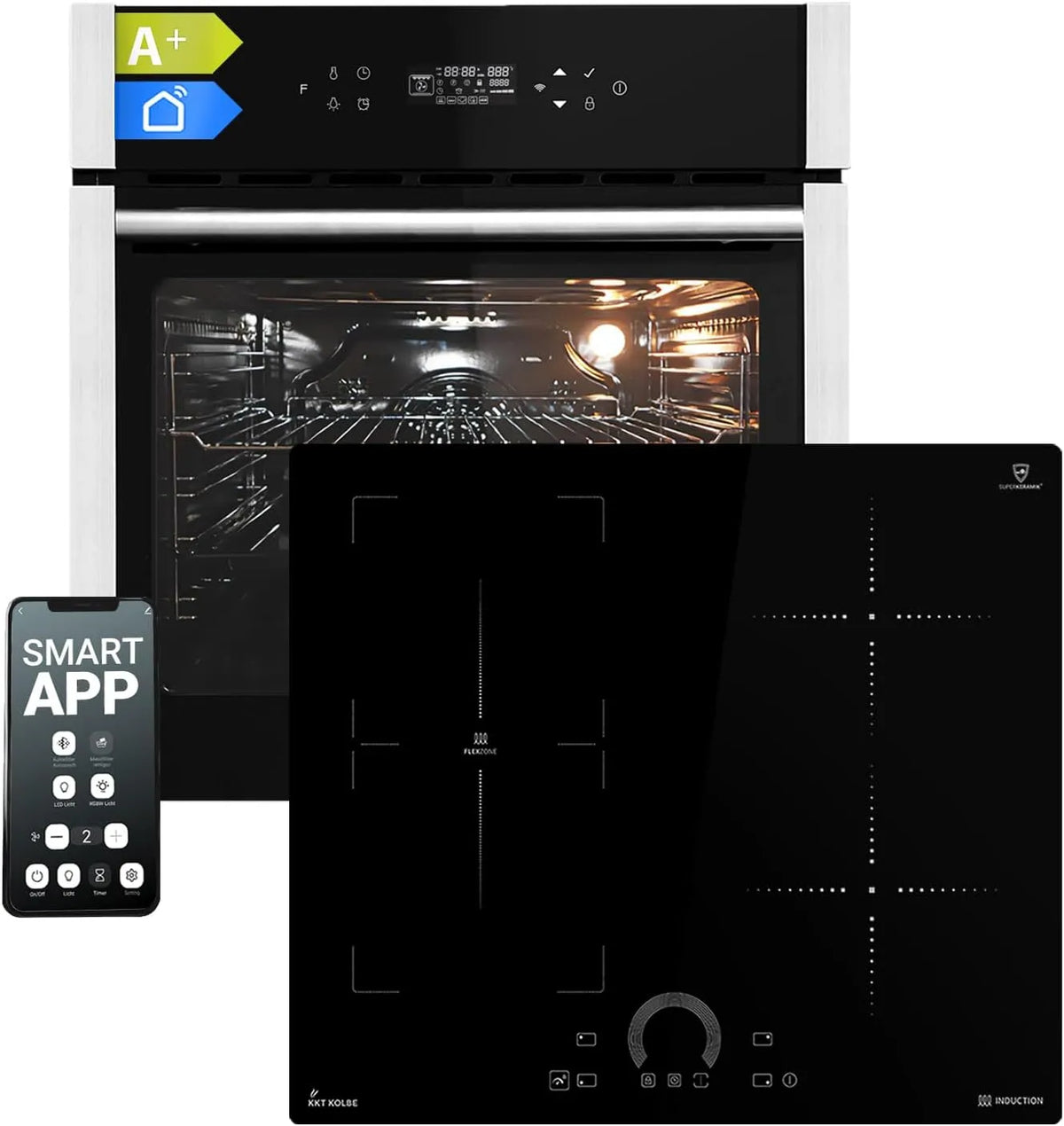 EB8313HC IH85901FZ elektrische oven, timer, automatische werking, Fornuis: 60cm Inbouw oven + 60cm Inductie kookplaat, Pizza functie, Hete lucht