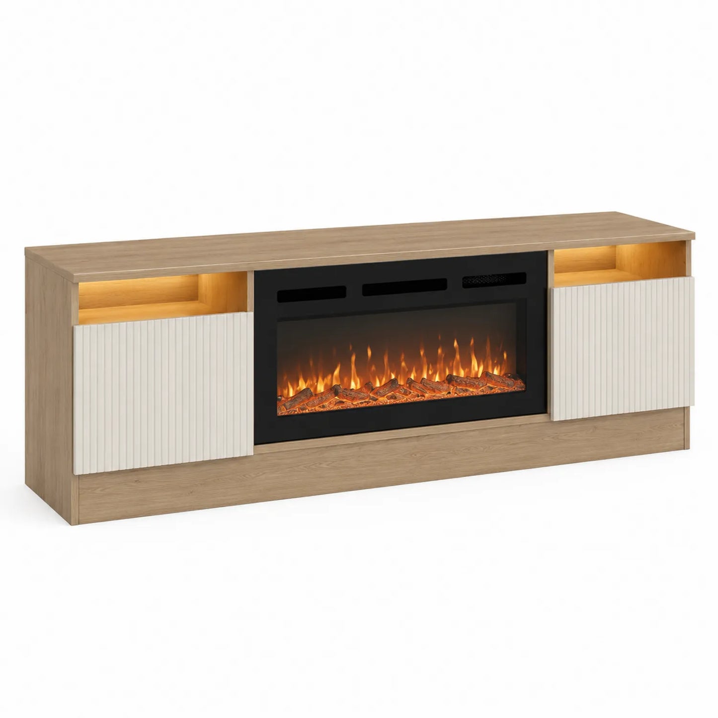 Centro de entretenimiento madera natural con chimenea eléctrica y puertas blancas 180x40x60 cm