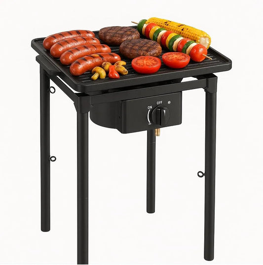 INTEC, model Gaskooktoestel 1 vuur barbecue grill 4,5 kW 2-in-1 brander gietijzer grillplaat 40 x 40 cm 3 hoogtes aanpasbaar Piezo