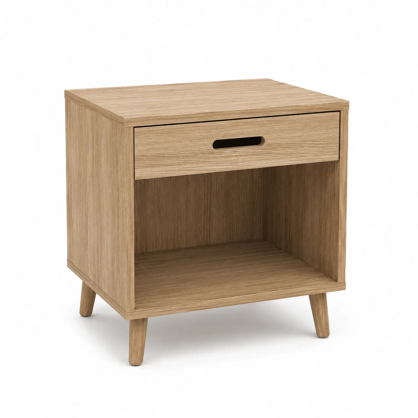 Mesita de noche de MDF con cajón y estante, color Natural