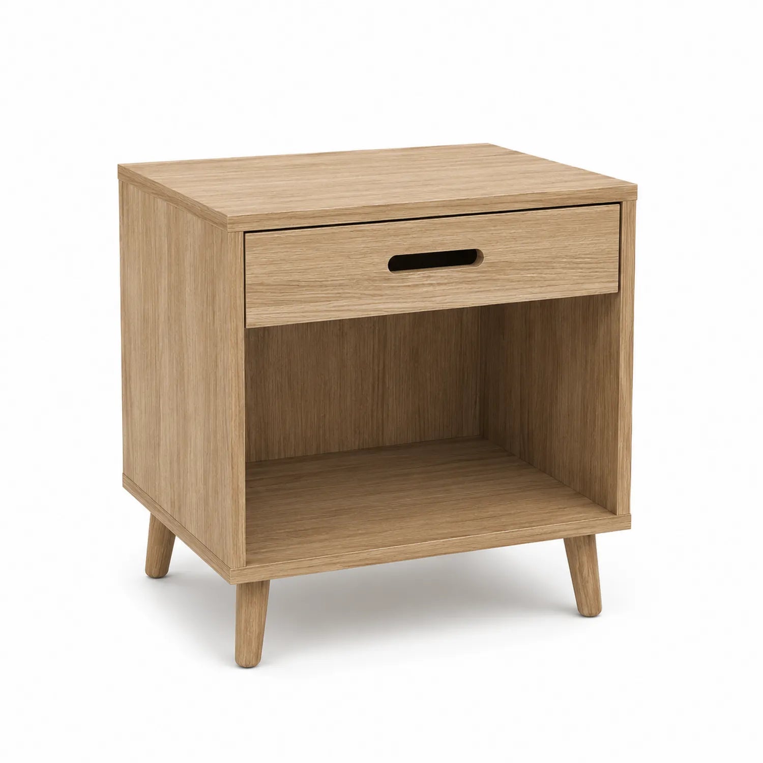 Mesita de noche de MDF con cajón y estante, color Natural
