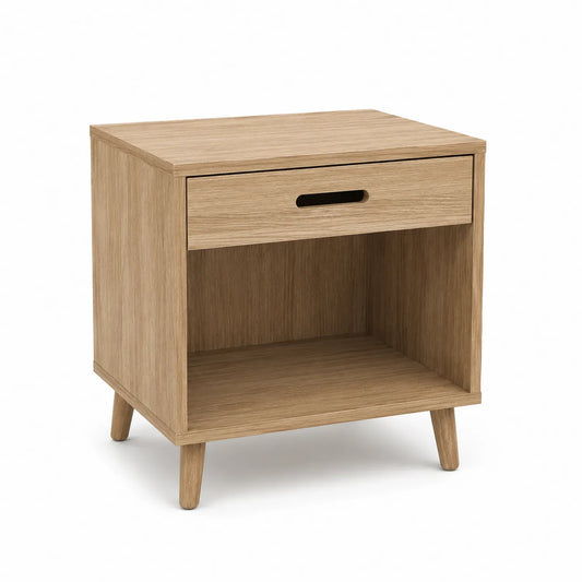 Mesita de noche de MDF con cajón y estante, color Natural