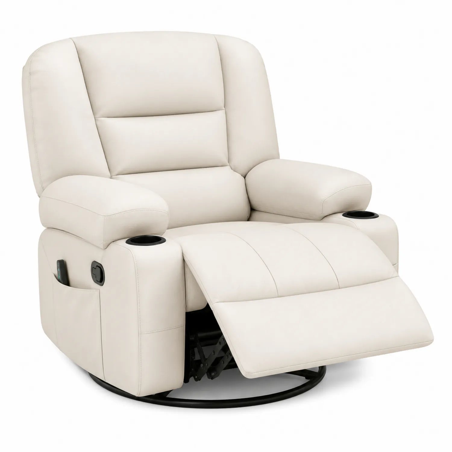 Sillón reclinable giratorio de cuero sintético beige con portavasos