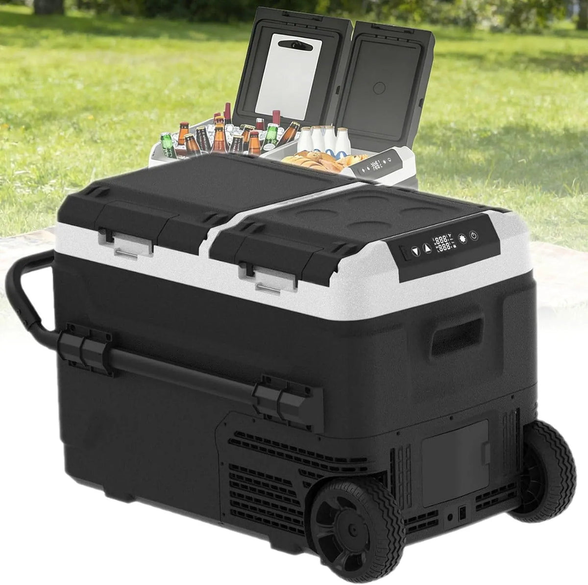 F-68 koelkast, draadloos gebruik, Bluetooth-connectiviteit, Draagbare auto, elektrische koeler met twee temperatuurzones voor voertuigen
