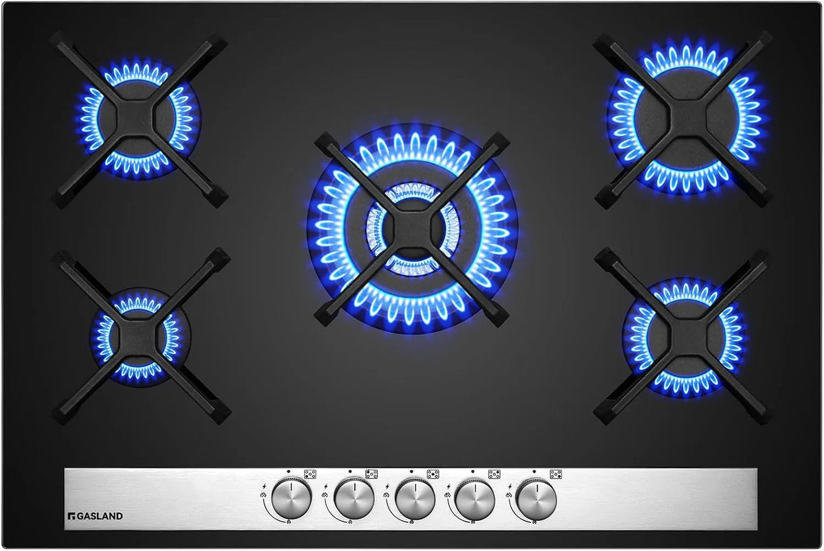 GH6805BG1FC gaskookplaat, 10400W, 76 cm, GASLAND, 5-pits met wokbrander, inbouw, 76 cm zwarte glazen 10400W