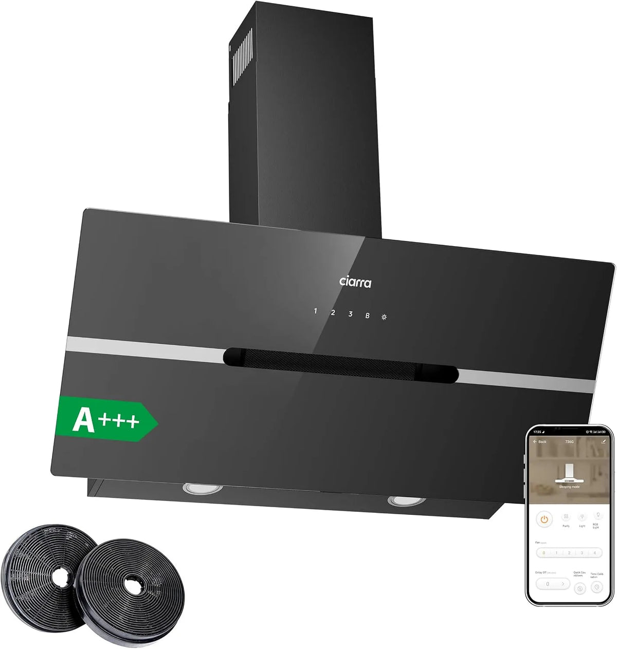 CBCB9736F afzuigkap, 4 Snelheden, CIARRA 90cm Schuine, Recirculatie & Afvoer Wandmontage Schoorsteenkap met Touchbediening
