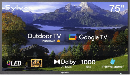 IP55 Smart TV, 75 inch, SYLVOX Outdoor TV, 75 inch Smart QLED TV, Weersbestendige Buiten-TV met Ondersteuning voor Google Assistant, Dolby Atmos