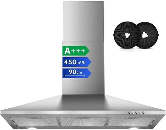Afzuigkap, SNDOAS 90cm Zilver Roestvrijstaal Piramide Wandkap, keukenventilatie met instelbare afzuigstanden